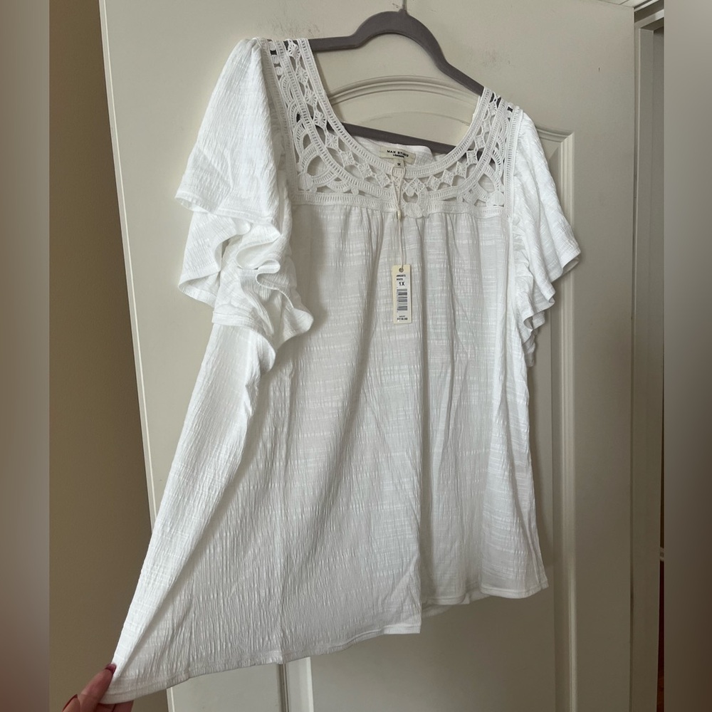 New! Max Studio Designer White Lace Detail Women's Top Size 1X - Picture 8 of 14
